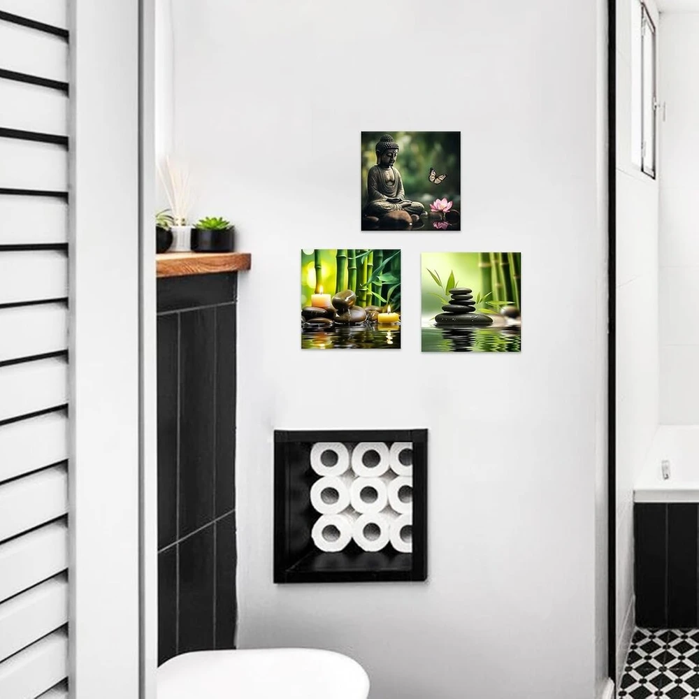 Plakatas Ccwacpp zen drobės sienų dekoracija, 3 dalių bambuko spa paveikslai, zen akmenys, žvakės, budos atspaudas, vonios kambario grožio procedūros, meditacijos kambario dekoracija su rėmu (30 x 30 cm x 3)