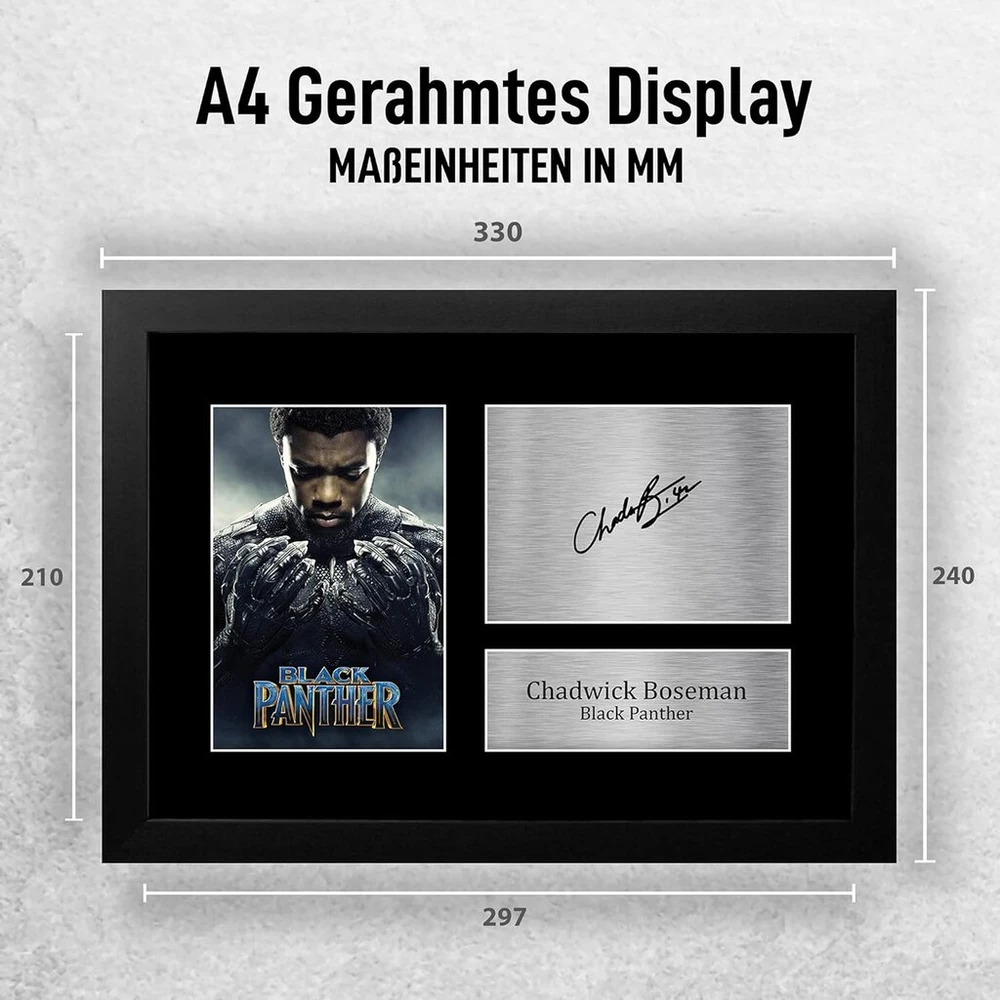 Plakatas Hwc Trading Fr A4 Chadwick Boseman Juodas Panther - įrėmintas A4 formato atspausdintas paveikslas su parašu, dovana kino memorabilia gerbėjams - įrėmintas A4