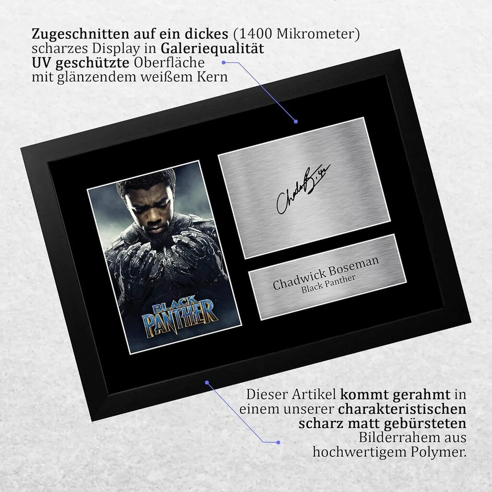 Plakatas Hwc Trading Fr A4 Chadwick Boseman Juodas Panther - įrėmintas A4 formato atspausdintas paveikslas su parašu, dovana kino memorabilia gerbėjams - įrėmintas A4