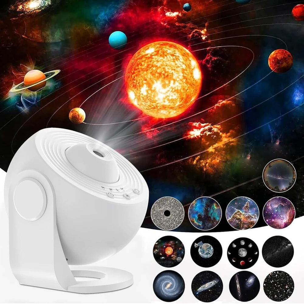 Planetariumo žvaigždžių projektorius, 13 viename led galaktikos projektoriaus šviestuvas su 12 filmų diskų, vaikiškas žvaigždėto dangaus projektoriaus lempa, naktinė lemputė miegamajam, svetainei, vakarėliui, balta