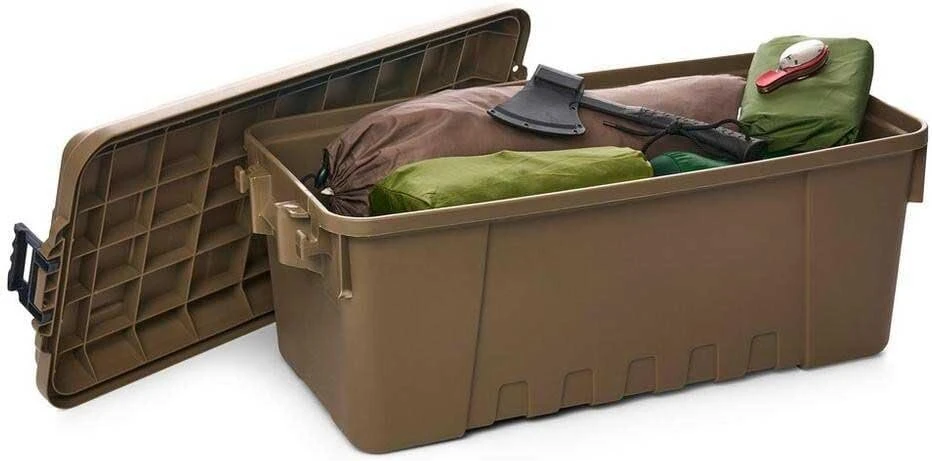 Plano Sportsman Trunk Medium 64l Desert Brown karinio lygio dėžė su dangčiu, didelio patvarumo didelis kempingo ir kariuomenės laikymo dėklas, puikiai tinkantis medžioklei, dažasvydžiui