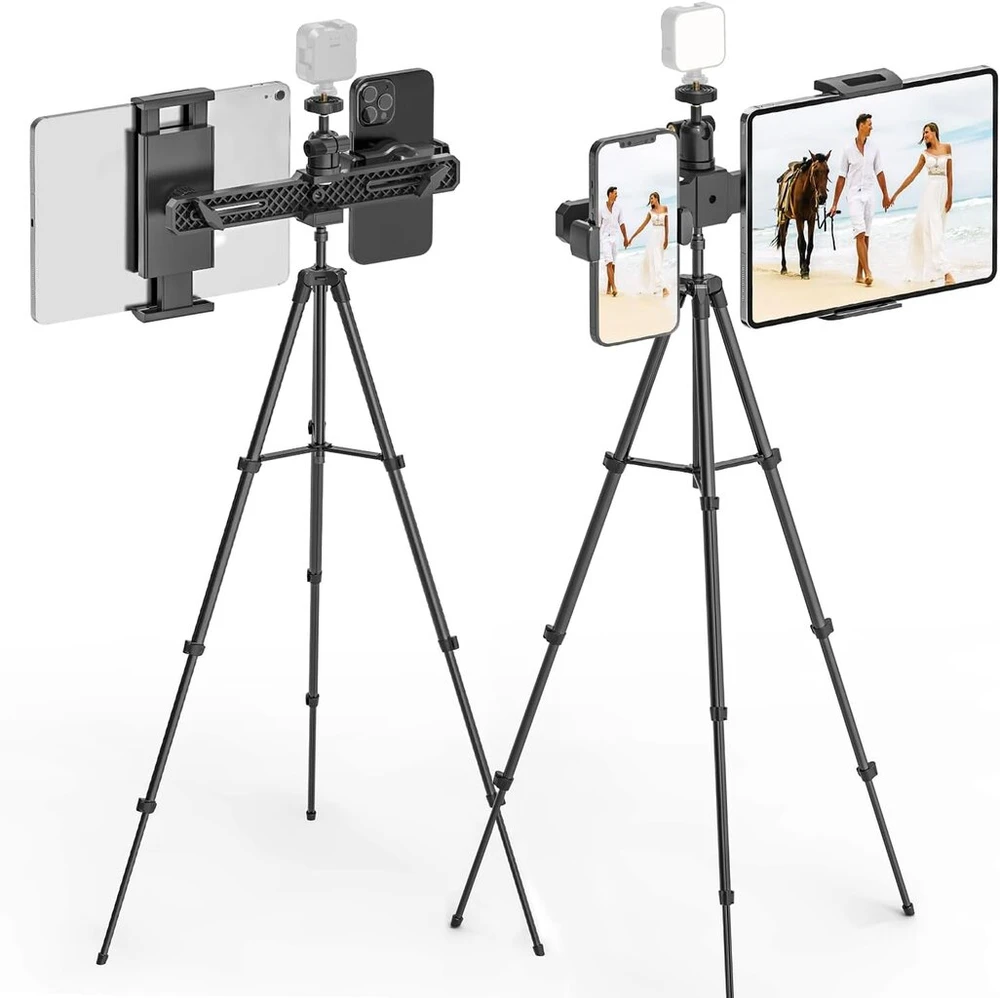 Planšetinio kompiuterio laikiklis, trikojis, ipad trikojo laikiklis, reguliuojamas aukštis iki 160 cm, su 2 laikikliais ir pasukama 1/4 colio rutuline galvute, planšetinio kompiuterio stovas, skirtas ipad pro, ipad air, ipad mini, 4,7–12,9 colio planšetin