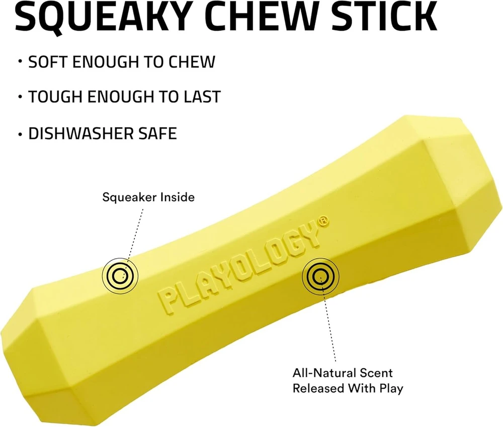 Playology Squeaky Stick | Vidutinio dydžio šunims (7-16 kg) | Įvairus kramtomasis žaislas | Natūralus vištienos aromatas | Išskirtinis kramtymo poreikis | Lengvai valomas, netoksiškos medžiagos