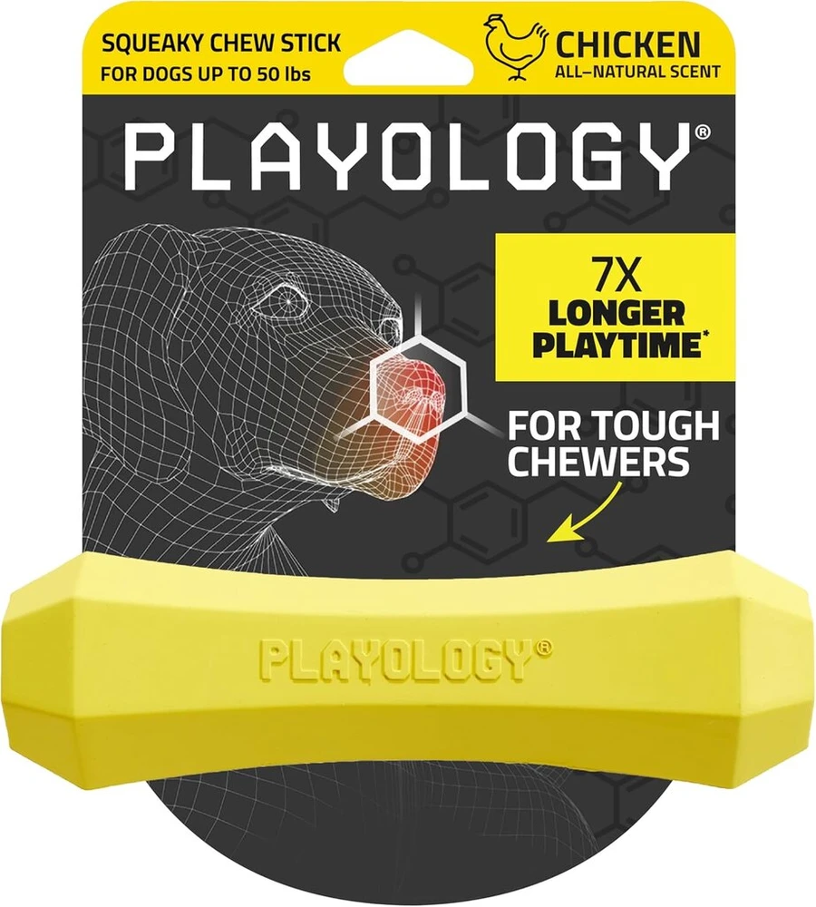 Playology Squeaky Stick | Vidutinio dydžio šunims (7-16 kg) | Įvairus kramtomasis žaislas | Natūralus vištienos aromatas | Išskirtinis kramtymo poreikis | Lengvai valomas, netoksiškos medžiagos