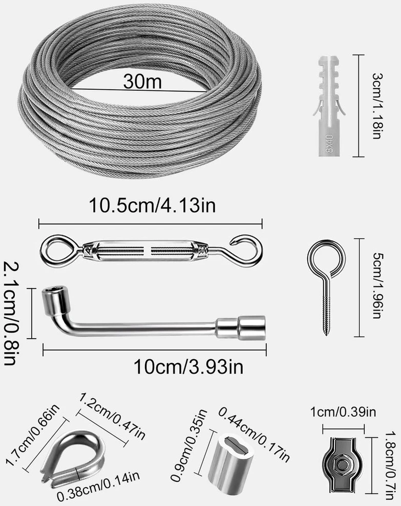 Plieninė virvė 30m, 3mm, nerūdijančio plieno, su įtempikliais