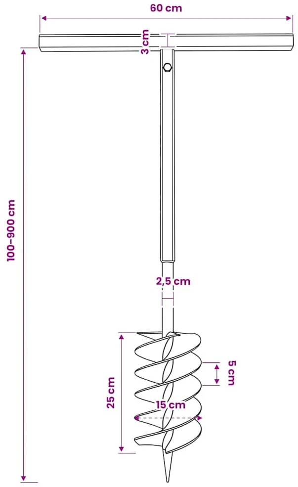 Plieninis 15 cm Žemės Grąžtas su Rankena ir Ilgintuvais, 9 m