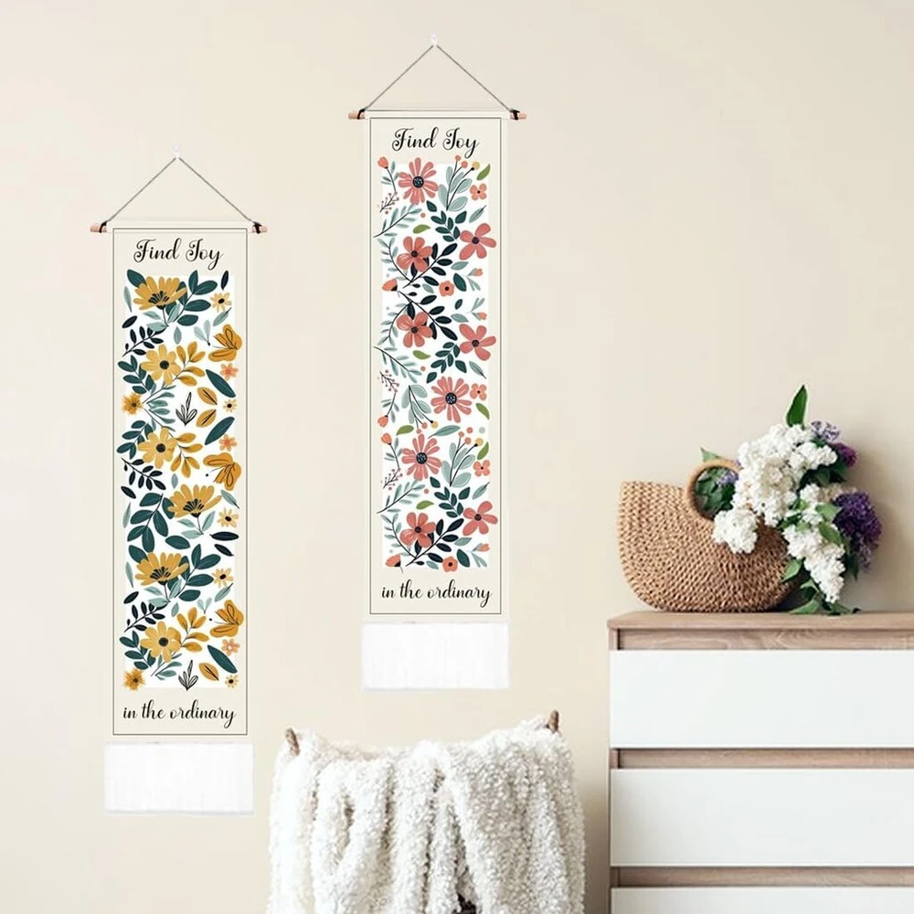 Pligreat 2 Boho gėlių kilimų rinkinys, rožinės ir geltonos gėlės, estetiškas gobelenas su kutais, vertikalus ilgas siauras gobelenas miegamajam, svetainei, namų biuro meno dekoras