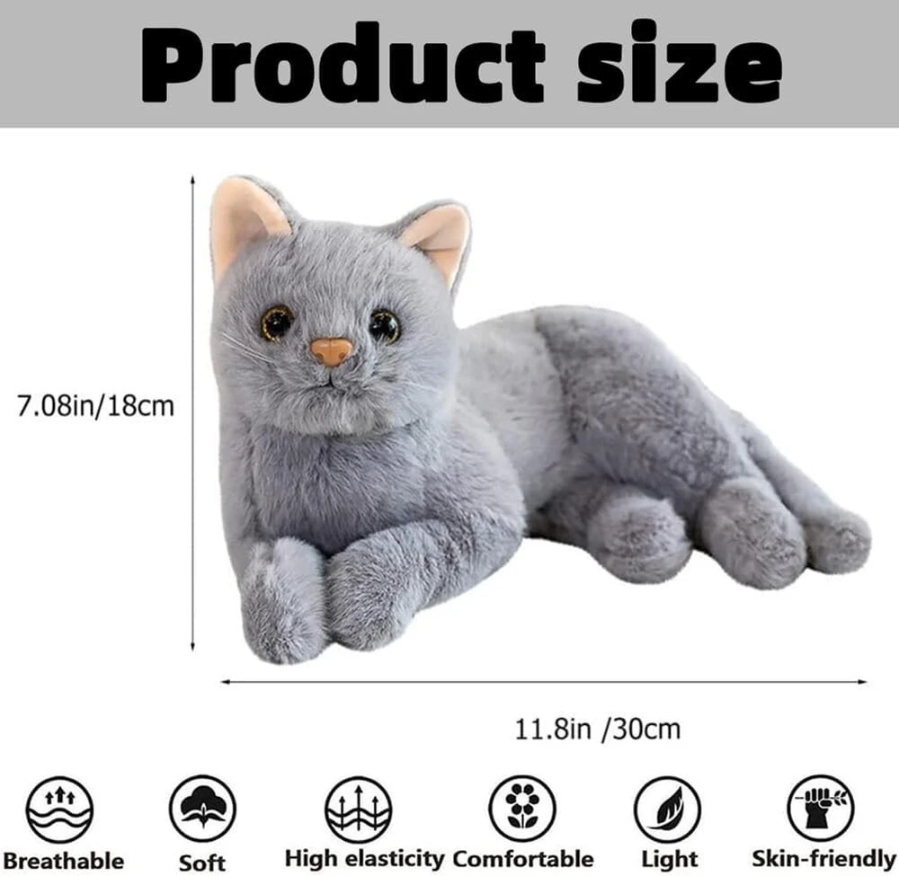 Pliušinis katinas, kimštinis žaislas, pilkas pliušinis katinas, pliušinė katės lėlė, miela pliušinė katė, gimtadienio dovana, namų dekoracija, 30 cm