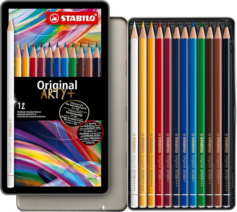 Ploni spalvoti pieštukai Stabilo Original - metalinė dėžutė, 12 vnt. - įvairių spalvų