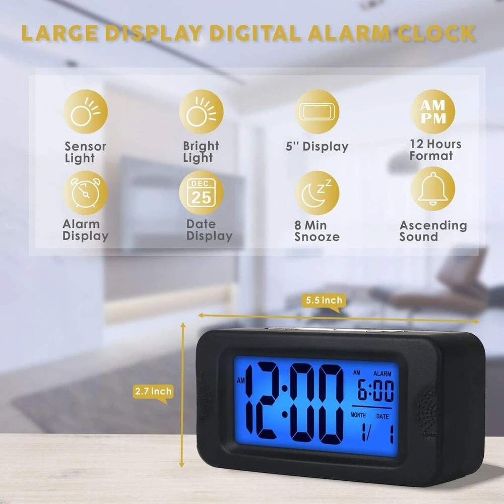 Plumeet elektroninis žadintuvas su šviesos jutikliu, apšviečia visą naktį, 4 colių Lcd ekranas su laiko, žadintuvo laiko, datos rodymu, lovos žadintuvas su snaudimo funkcija, maitinamas baterijomis (juodas)