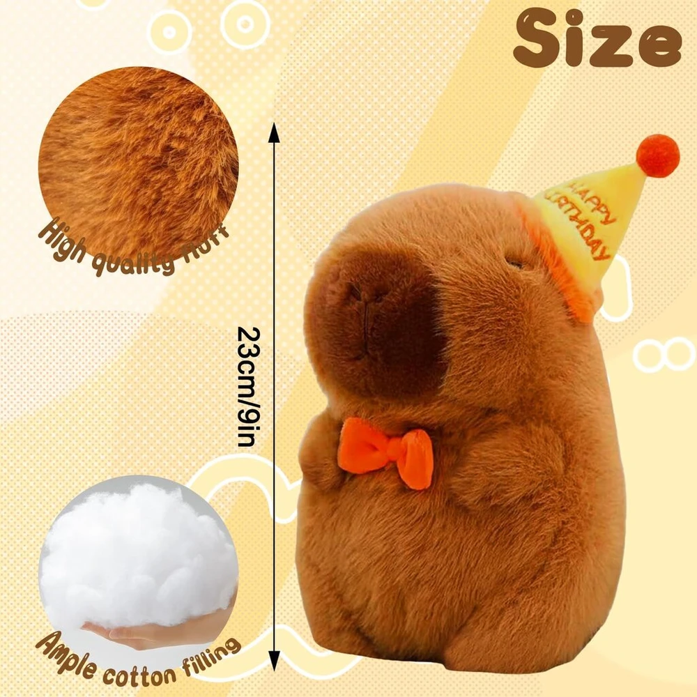 Plushies kapibara, 23 cm mielas kapibaros pliušinis žaislas su gimtadienio kepure, minkštas žaislas kawaii kapibara, itin minkšta įdaryta kapibara, plushies simuliacinis gyvūnas kapibara, kapibaros pliušinis žaislas vaikams