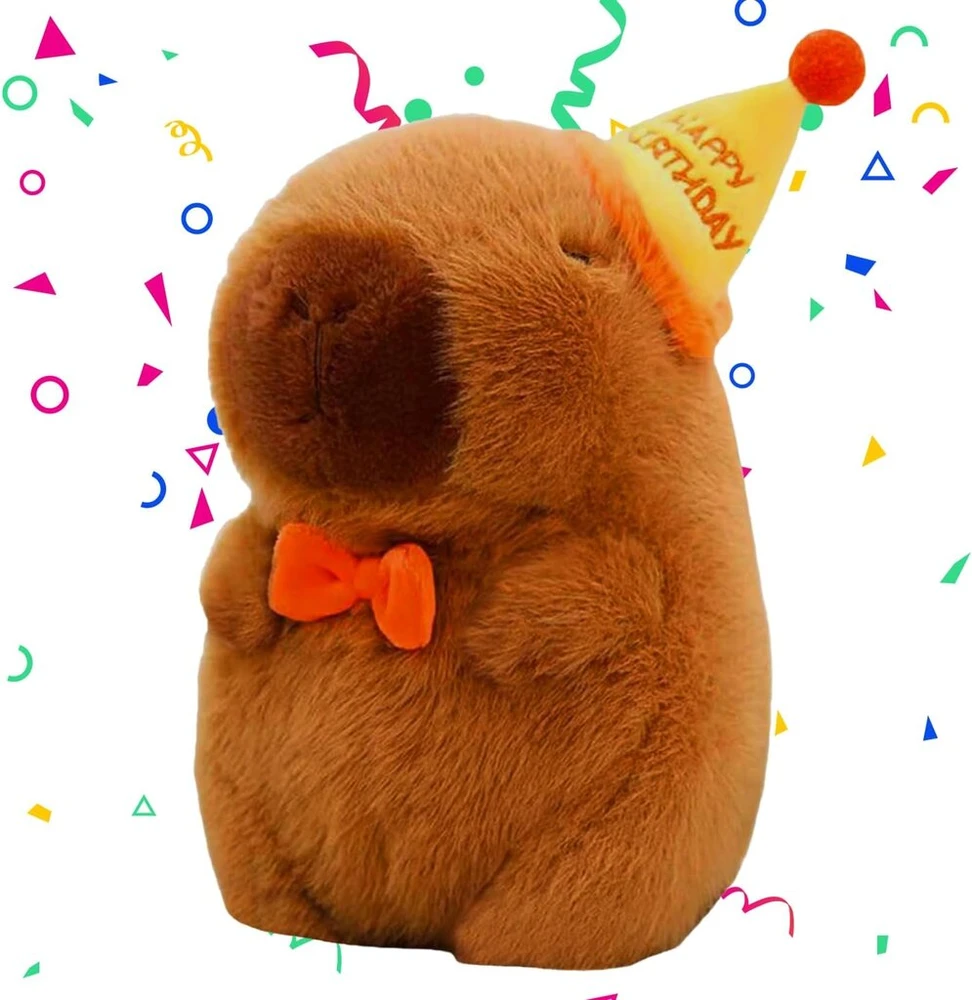 Plushies kapibara, 23 cm mielas kapibaros pliušinis žaislas su gimtadienio kepure, minkštas žaislas kawaii kapibara, itin minkšta įdaryta kapibara, plushies simuliacinis gyvūnas kapibara, kapibaros pliušinis žaislas vaikams