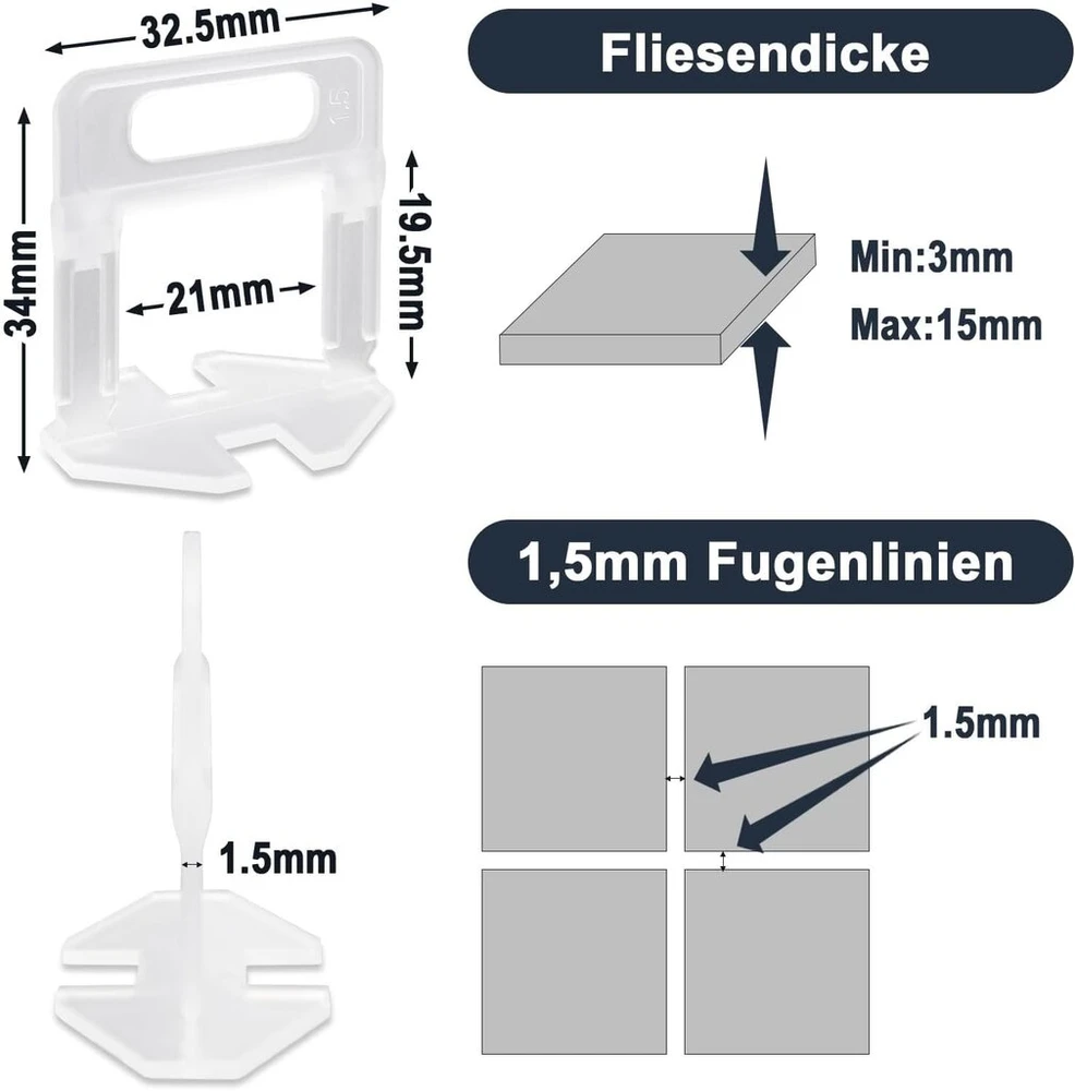 Plytelių išlyginimo sistema: 1000 vnt. 1.5 mm tarpų skirtukai