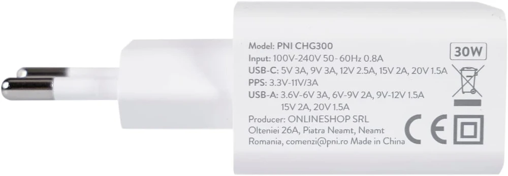 Pni Chg300 30w Usb-c Pd/pps ir Usb-a Qc3.0 įkroviklis