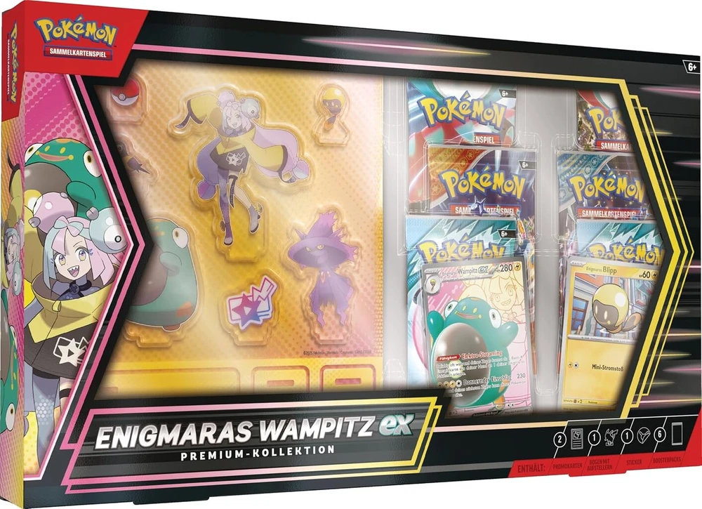 Pokémon - trading card game: premium collection enigmaras wampitz-ex (1 holografinė viso ekrano reklaminė kortelė, 6 papildomi paketai ir plastikinis stovas)