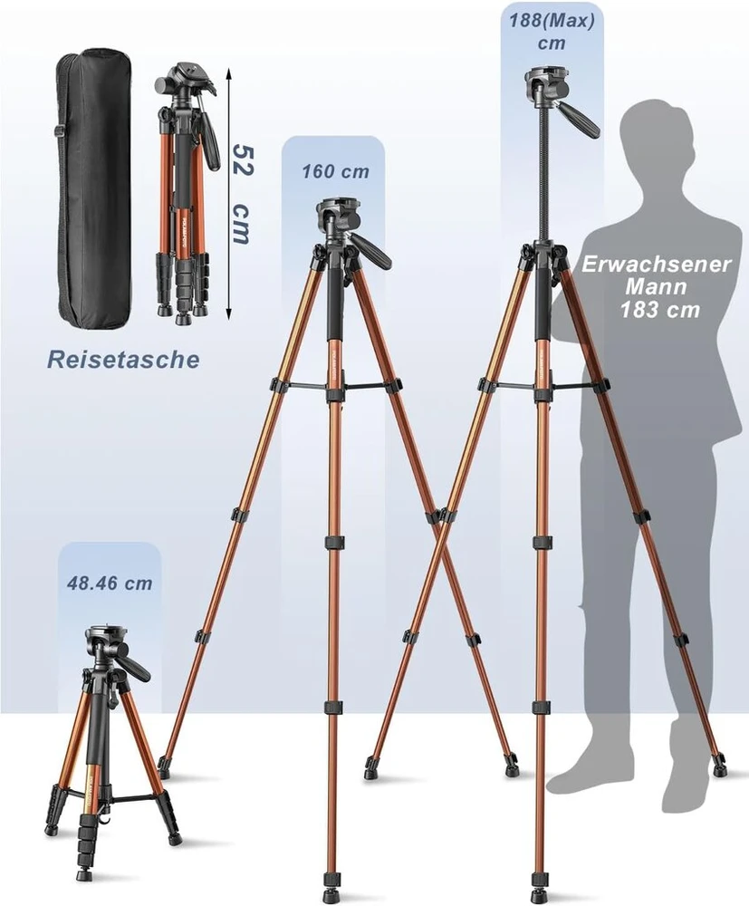Polam-foto kameros trikojis, 188 cm kelioninis trikojis su nešiojimo krepšiu ir telefono laikikliu, aliumininis, skirtas veidrodiniams/dslr/telefonams/vaizdo kameroms, tvirtas stovas, (svoris 1,27 kg, apkrova 3,99 kg) oranžinis
