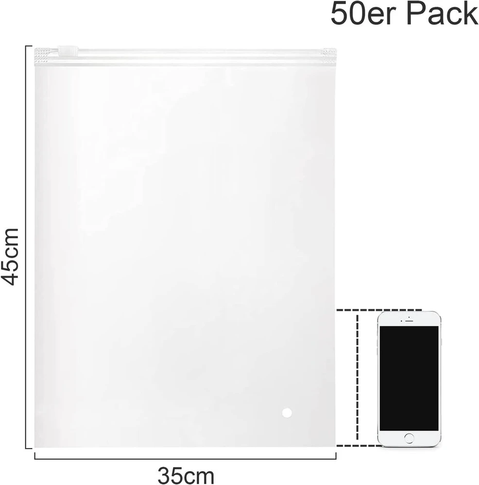 Polmart 50 x dideli užtraukiami maišeliai 35 x 45 cm, plėvelės storis 60 µm, matiniai užsegami maišeliai su ventiliacijos skylėmis drabužių pakavimui