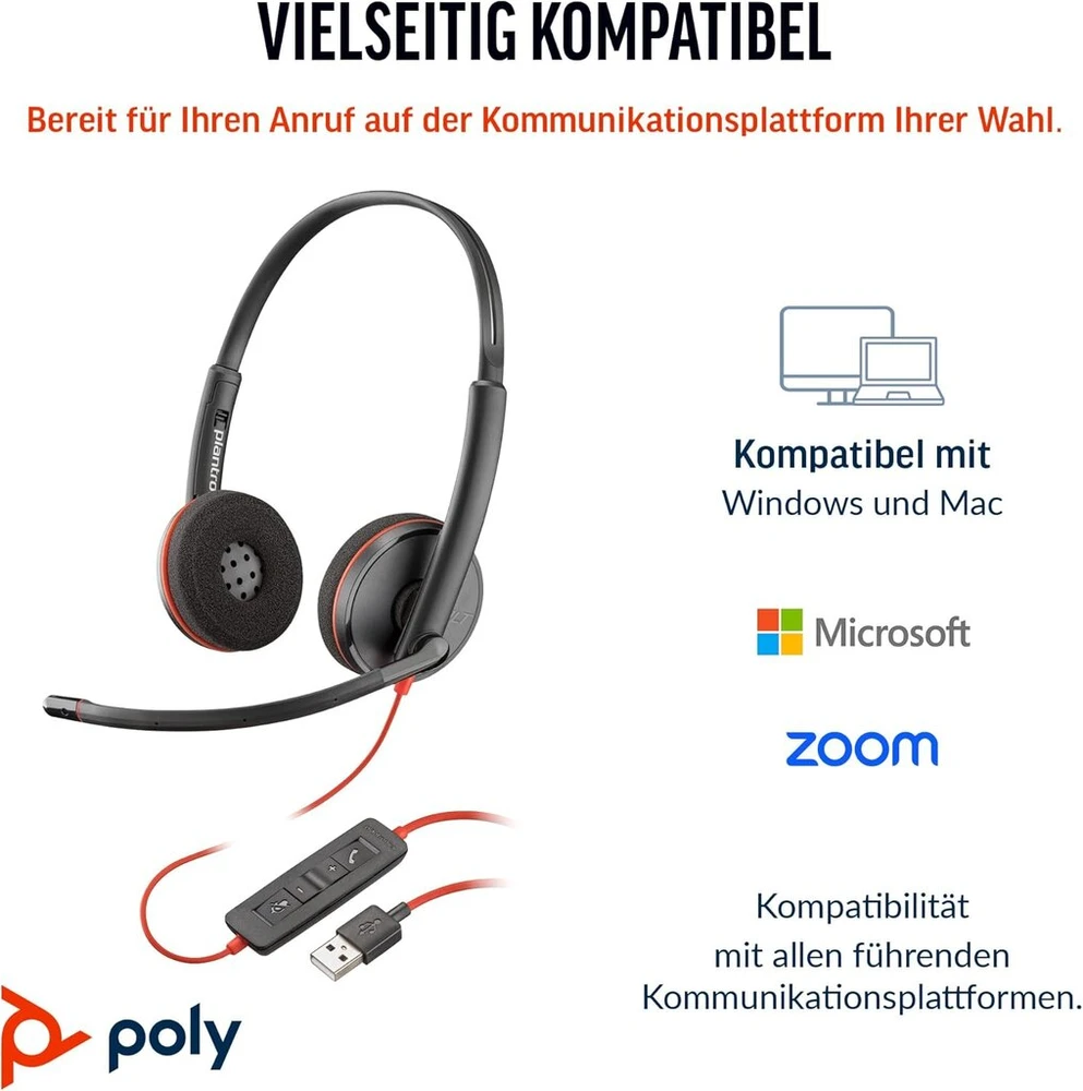 Poly Blackwire 3220 laidinės usb-c ausinės, triukšmą slopinantis mikrofonas, stereo dizainas, jungiasi prie pc/mac per usb-c arba usb-a, suderinamos su teams/zoom, soundguard technologija