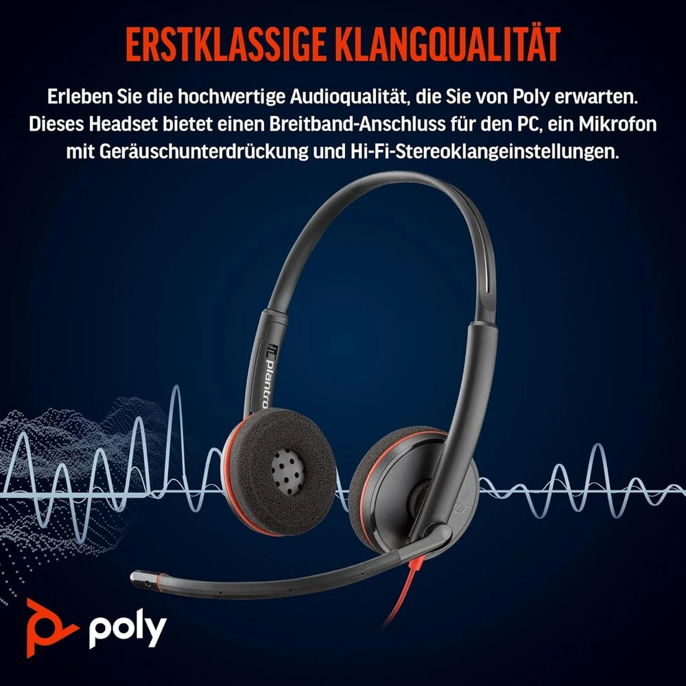 Poly Blackwire 3220 laidinės usb-c ausinės, triukšmą slopinantis mikrofonas, stereo dizainas, jungiasi prie pc/mac per usb-c arba usb-a, suderinamos su teams/zoom, soundguard technologija
