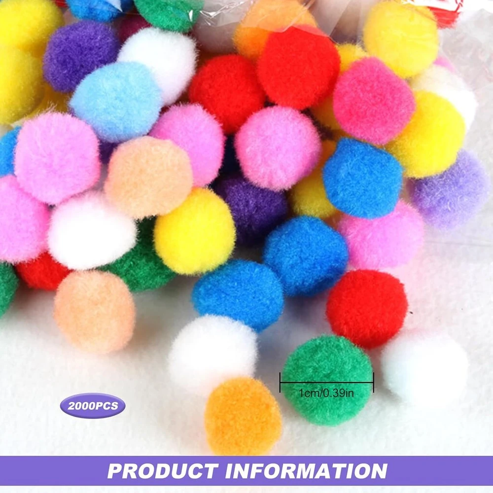 Pompomai rankdarbiams, 2000 mini spalvotų pompomų pakuotė, 10 mm veltinio kamuoliukai, spalvoti pompomai vakarėlių dekoravimui, pasidaryk pats, kūrybinių rankdarbių gamyba