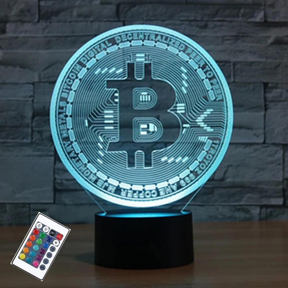 Ponlcy Bitcoin naktinė lemputė, 3d iliuzijos lempa su nuotolinio valdymo pulteliu, 16 spalvų Usb stalinės lempos, stalinė lempa miegamajam, dovanos namų dekoravimui