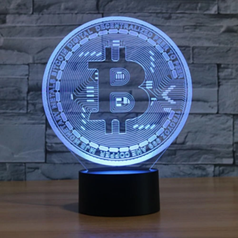 Ponlcy Bitcoin naktinė lemputė, 3d iliuzijos lempa su nuotolinio valdymo pulteliu, 16 spalvų Usb stalinės lempos, stalinė lempa miegamajam, dovanos namų dekoravimui