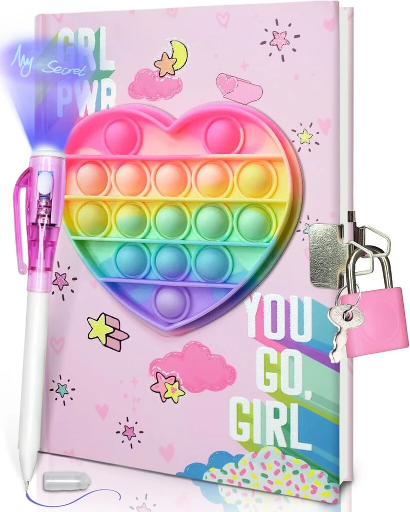 Pop dienoraštis mergaitėms su užraktu ir nematoma dvigubo galo rašikliu, 19 x 13.5 cm, 80 linijuotų lapų, loving heart pop fidget dienoraštis vaikams, slaptas užrašų knygelės ir rašiklio rinkinys, dovanos mergaitėms
