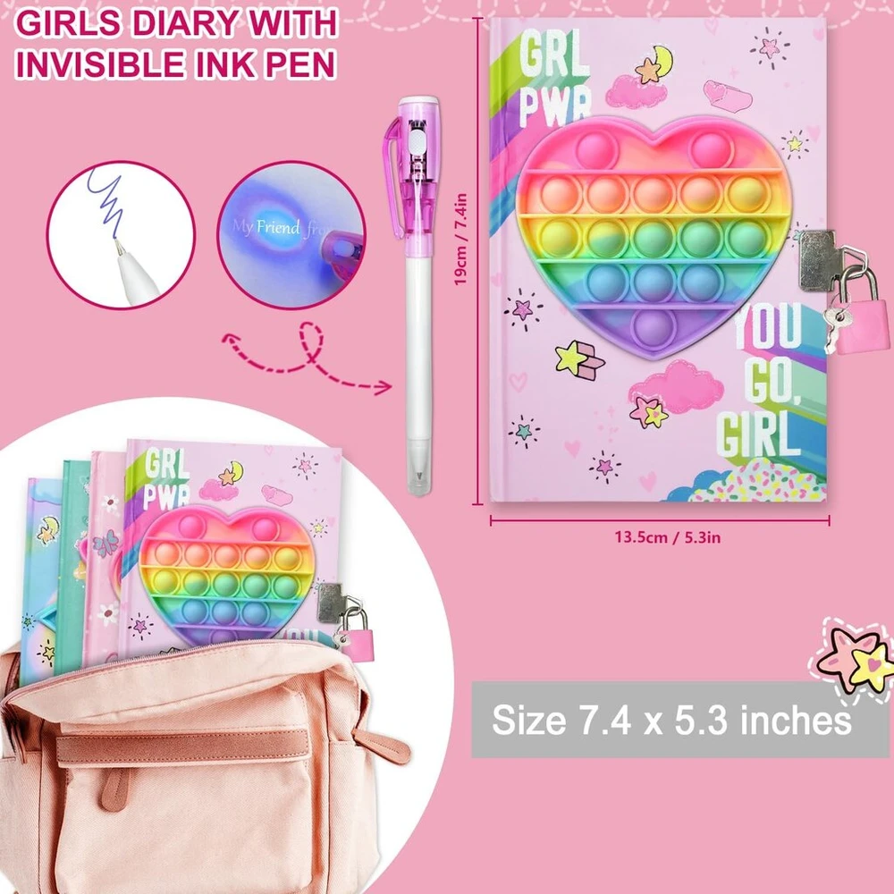 Pop dienoraštis mergaitėms su užraktu ir nematoma dvigubo galo rašikliu, 19 x 13.5 cm, 80 linijuotų lapų, loving heart pop fidget dienoraštis vaikams, slaptas užrašų knygelės ir rašiklio rinkinys, dovanos mergaitėms