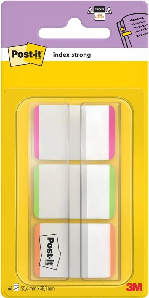 Post-it Index vėliavėlės - Strong 25mm - rožinės, žalios, oranžinės (22 vėliavėlės x 3 spalvos)