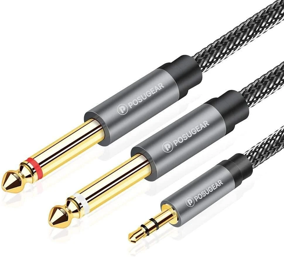 Posugear 3.5 mm lizdas į dvigubą 6.35 mm mono y garso kabelį nailono pynimo 6.35 mm lizdo kištukas į 3.5 mm lizdo garso skirstytuvo kabelį skaitmeninės sąsajos instrumento kabelis pilkas