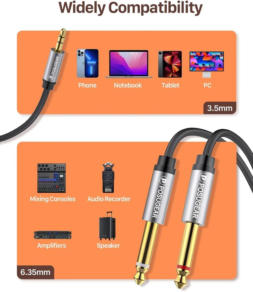 Posugear 3.5 mm lizdas į dvigubą 6.35 mm mono y garso kabelį nailono pynimo 6.35 mm lizdo kištukas į 3.5 mm lizdo garso skirstytuvo kabelį skaitmeninės sąsajos instrumento kabelis pilkas