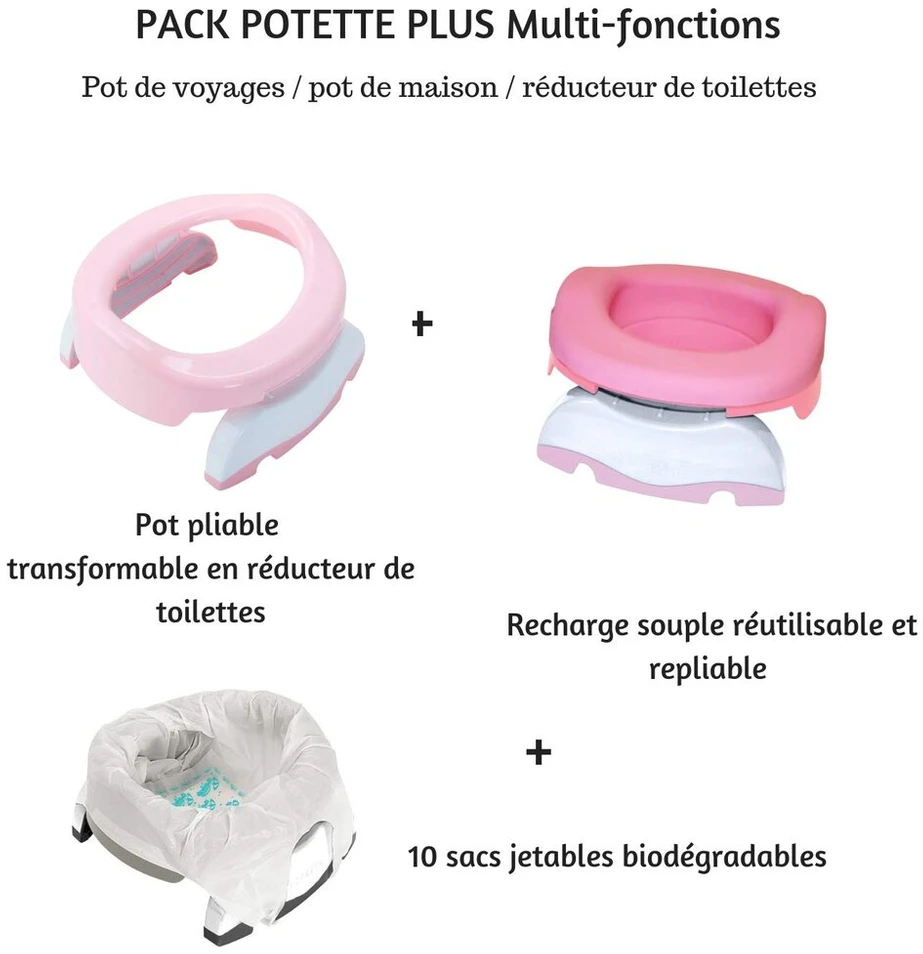 Potte Plus daugiafunkcinis puodukas: kelioninis puodukas, tualeto reduktorius ir namų puodukas su minkštu papildymo paketu ir 10 vienkartinių įdėklų (šviesiai rožinis)