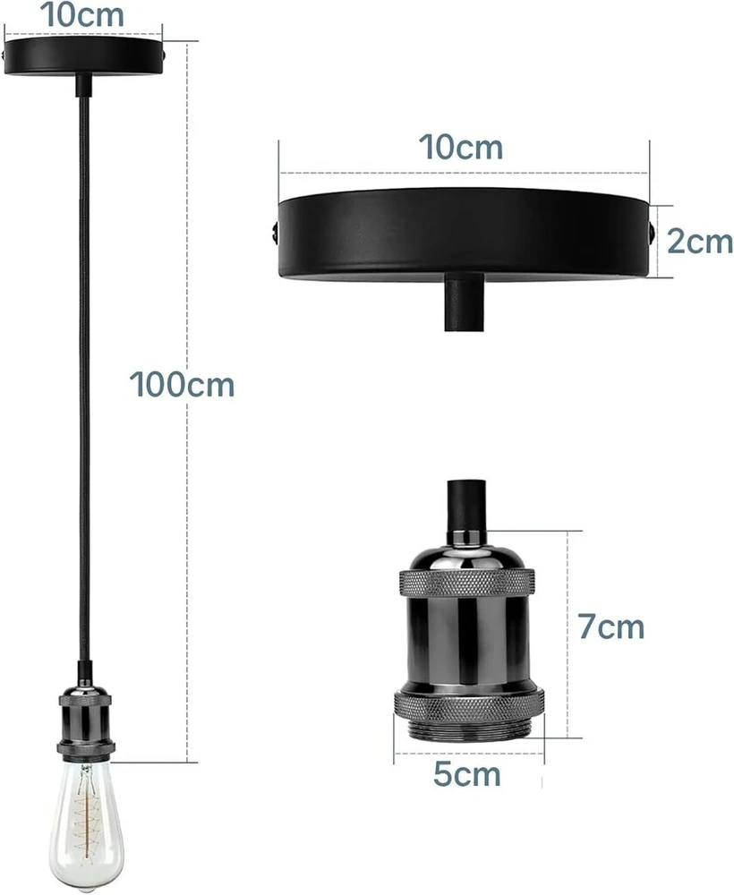 Powice metalinis pakabinamas šviestuvas E27 su laidu, 100 cm E27 retro lizdas su laidu, lempos laikiklis E27, reguliuojamo aukščio su lubų tvirtinimu, lempos laikiklis E27 su laidu svetainės lubiniam šviestuvui