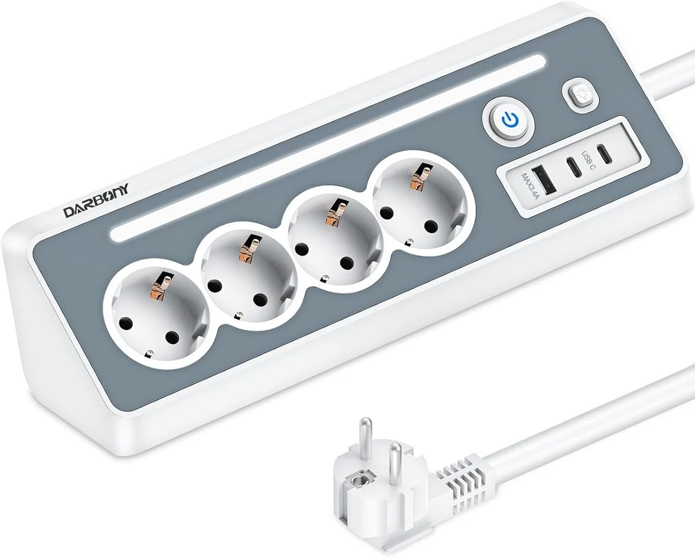 Prailginimo laidas su 2 Usb-c, 4 lizdai, kampinis, Led