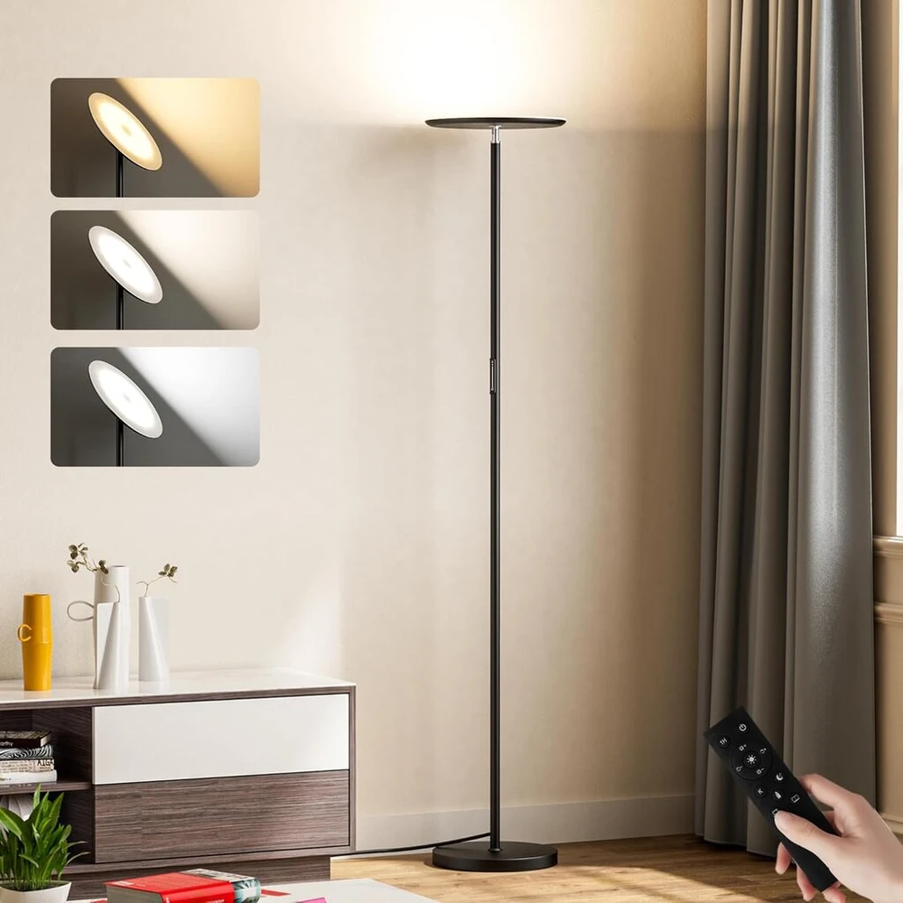 Preeotti grindų šviestuvas svetainei, 36 W Led uplighteris su nuotolinio valdymo pulteliu ir jutikliniu valdymu, 3 spalvų temperatūros, tolygus pritemdymas, modernus skaitymo šviestuvas, grindų šviestuvas svetainei, miegamajam, biurui