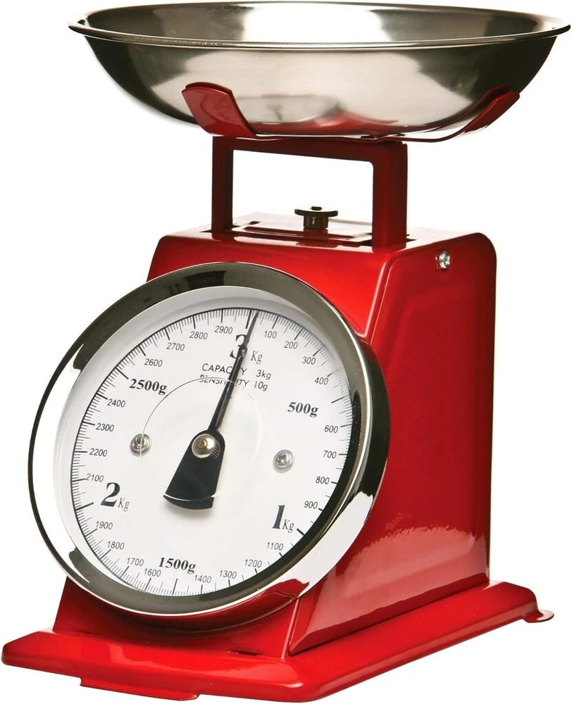 Premier Housewares 3kg retro stiliaus virtuvinės svarstyklės su nerūdijančio plieno dubeniu, raudonos