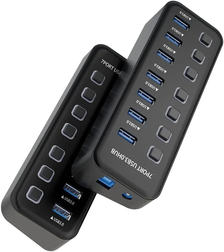 Premiumcord Superspeed Usb šakotuvas, 7x Usb Type A, Usb 3.2 Gen 1 5gbps, prievadų jungiklis, Hot-lug, Led, juodas, kabelio ilgis 1 m