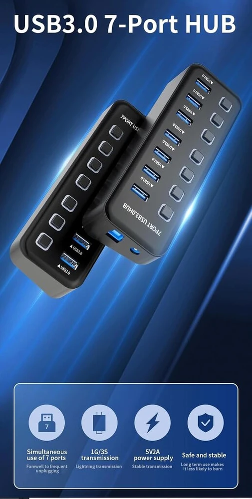 Premiumcord Superspeed Usb šakotuvas, 7x Usb Type A, Usb 3.2 Gen 1 5gbps, prievadų jungiklis, Hot-lug, Led, juodas, kabelio ilgis 1 m
