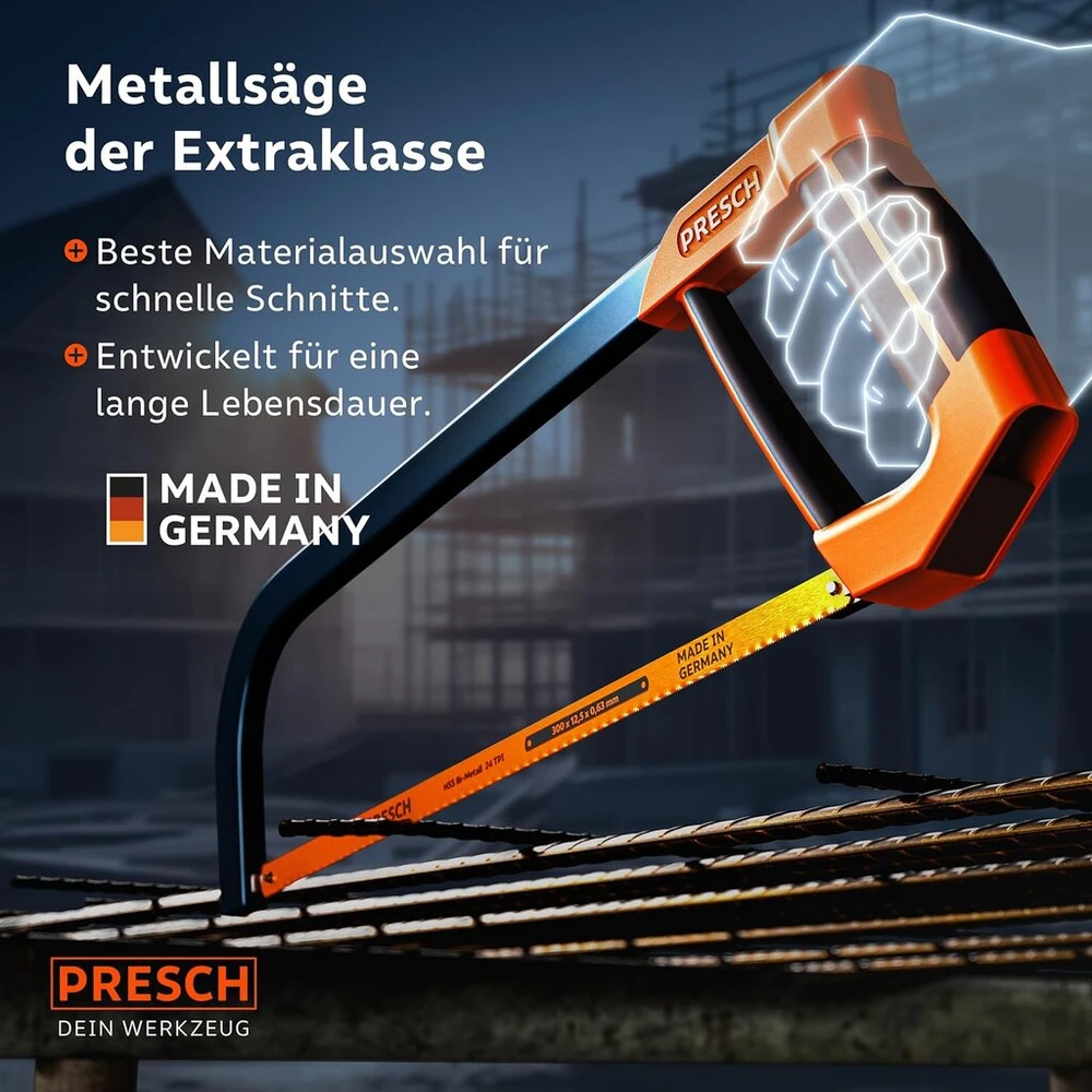 Presch Pjūklas metalui 300 mm – su bi-metaliniu pjūkleliu tiksliam pjovimui – 90° pjūklelio pasukimas horizontaliems ir vertikaliems pjūviams – ergonomiška rankena su tvirtinimo veržliarakčiu