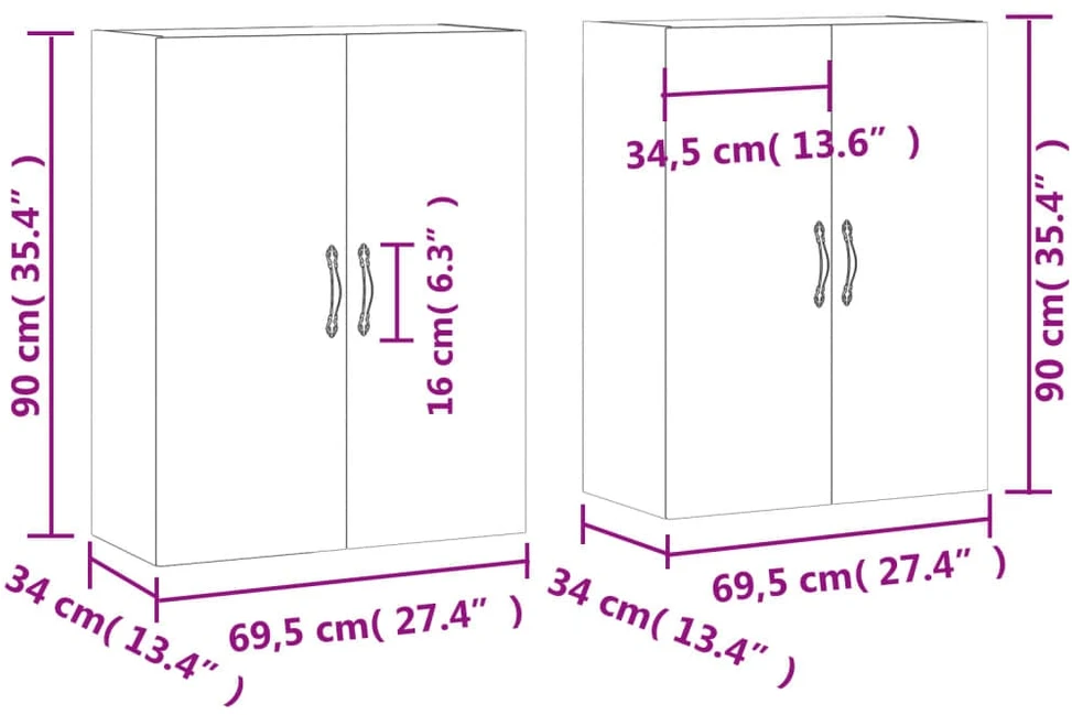 Prie sienos montuojamos spintelės, 2vnt., baltos, 69,5x34x90cm
