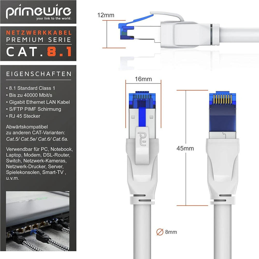 „primewire“ Cat 8.1 tinklo kabelis 0.5 m – 40 Gbps spartai