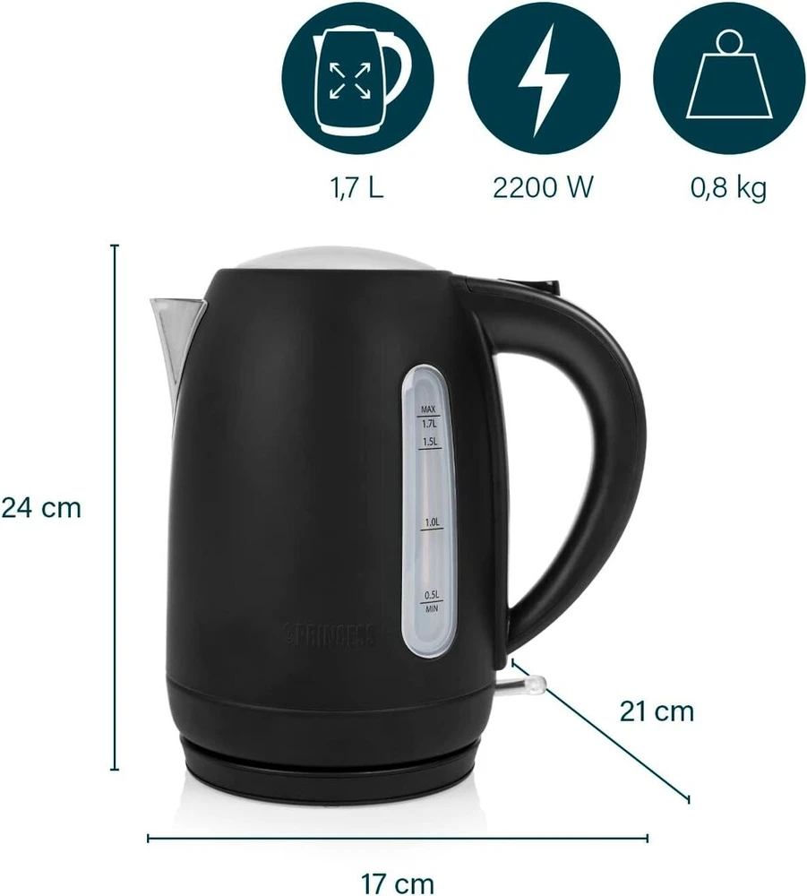 Princess Juodas Steel virdulys - 1.7 litro talpa, 2200 W, 360° besisukantis, lygio indikatorius, filtro ekranas, paslėptas kaitinimo elementas, 236032