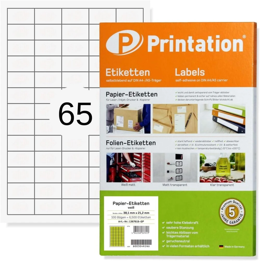 Printation universalios lipnios etiketės 38,1 x 21,2 mm, 6500 mažų adresų etikečių, lipnios, 100 a4 formato lapų, 65 lipdukai viename a4 lape, matinės baltos spausdinamos etiketės, tuščias lipdukas 38,1 x 21,2