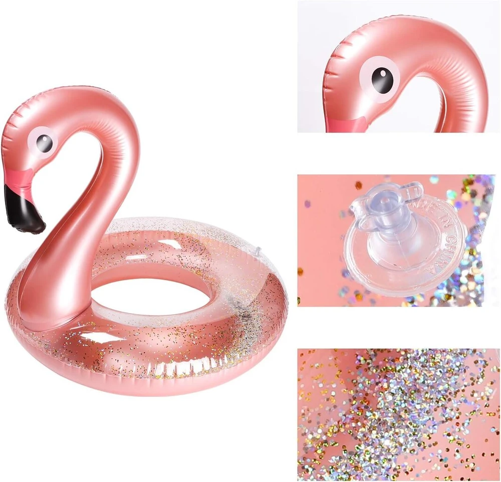 Pripučiamas flamingas baseinui su gėrimų laikikliu rinkinys, elegantiškas vinilinis plaukiojantis žaislas su blizgučiais, vandens poilsio gultas su plaukiojančiais padėkliukais vaikams, 2 vnt.