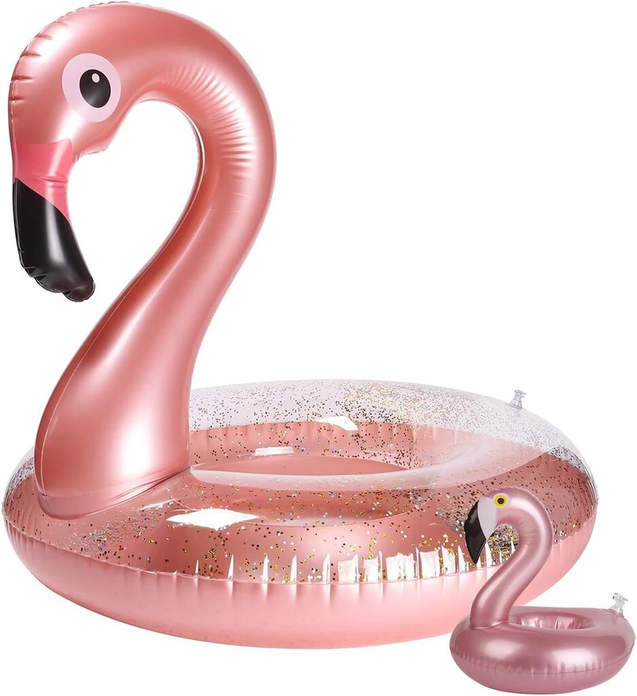 Pripučiamas flamingas baseinui su gėrimų laikikliu rinkinys, elegantiškas vinilinis plaukiojantis žaislas su blizgučiais, vandens poilsio gultas su plaukiojančiais padėkliukais vaikams, 2 vnt.