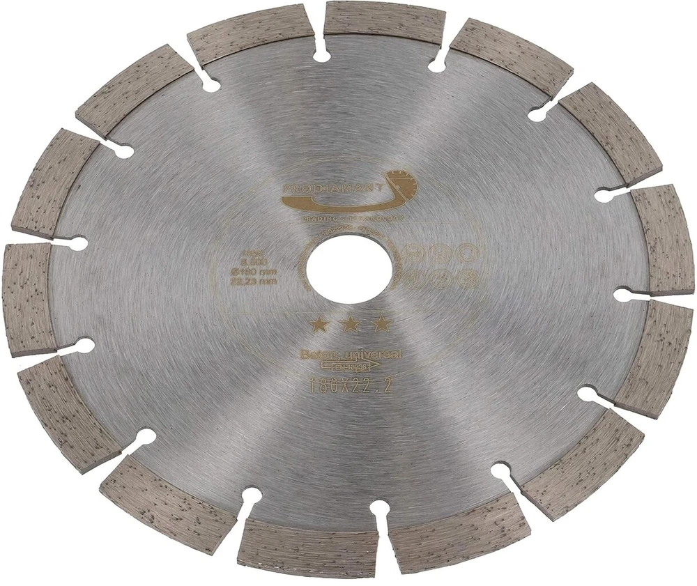 Prodiamant deimantinis pjovimo diskas 180 x 22.2 mm 12 mm premium deimantinis segmentas - betonui, akmeniui, plytoms, universalus 180 mm skirtas sausam ir šlapiam pjovimui