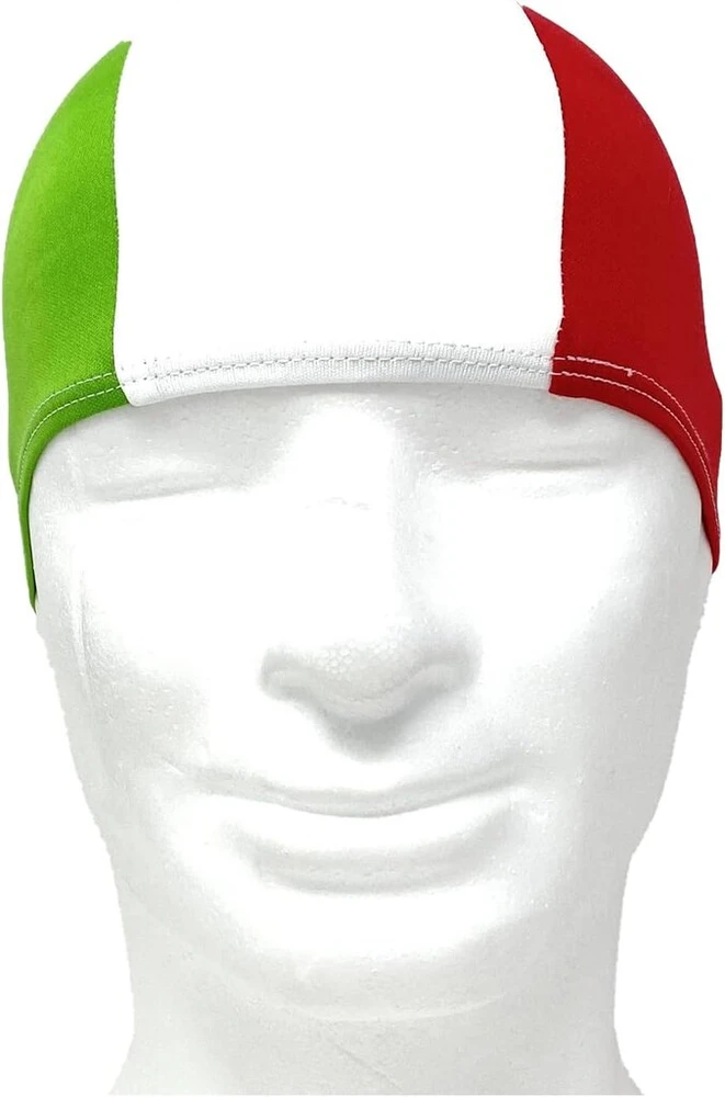 Profesionalios poliesterio plaukimo kepuraitės su itališka vėliava, didmeninė nuolaida, unisex pakuotės po 50-100-250-500-1000 (pakuotė 50 vnt.)
