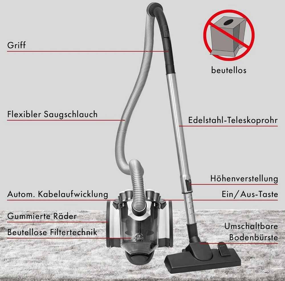 Proficare® dulkių siurblys be maišelio parketui, kilimams, plytelėms, 700 vatų dulkių siurblys su hepa filtru, dulkių siurblys be maišelio su 3 šepetėliais ir 4 krypčių mikro filtrų sistema, pc-bs 3110