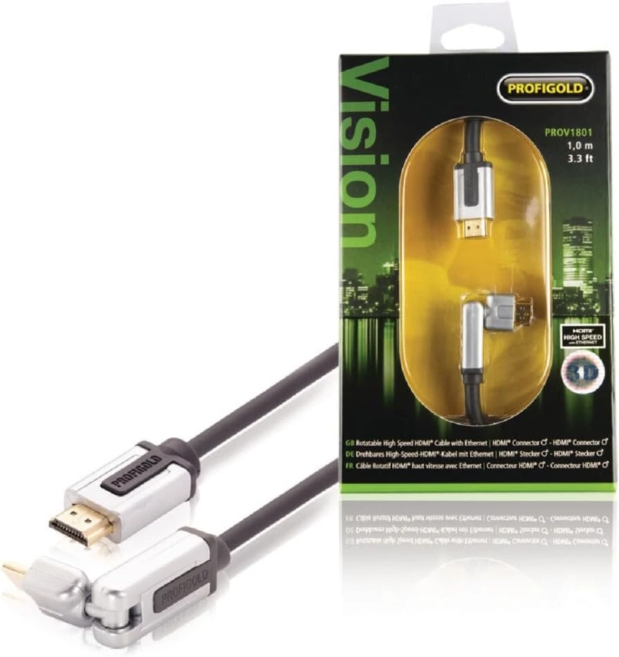Profigold 1m pasukamas didelės spartos hdmi kabelis su 99,996% ofc variu ir 24k kietojo aukso jungtimis