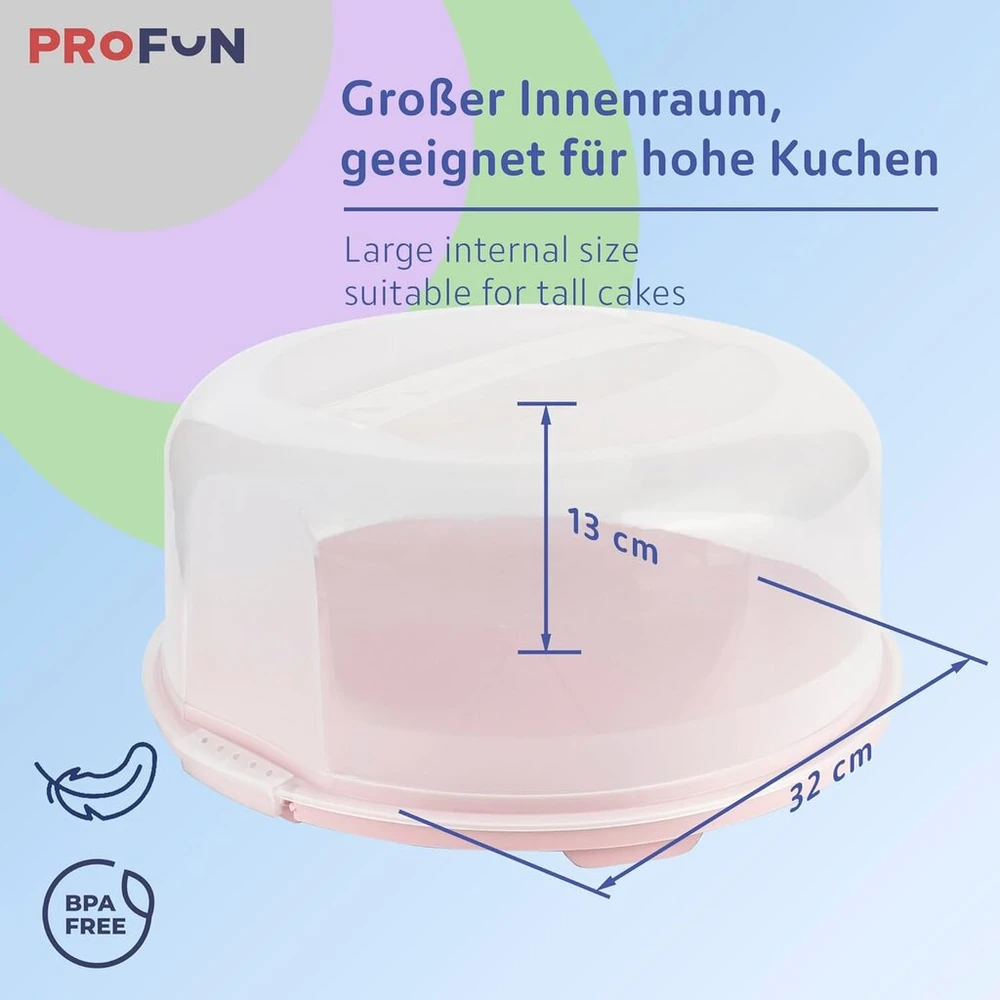 Profun didelis torto nešiklis su dangčiu ir nešimo rankena, apvali nešiojama dėžė tortams ir pyragams transportuoti, kurių skersmuo 30 cm, jai ir kaip dovana - 3 dalių rinkinys: rožinis